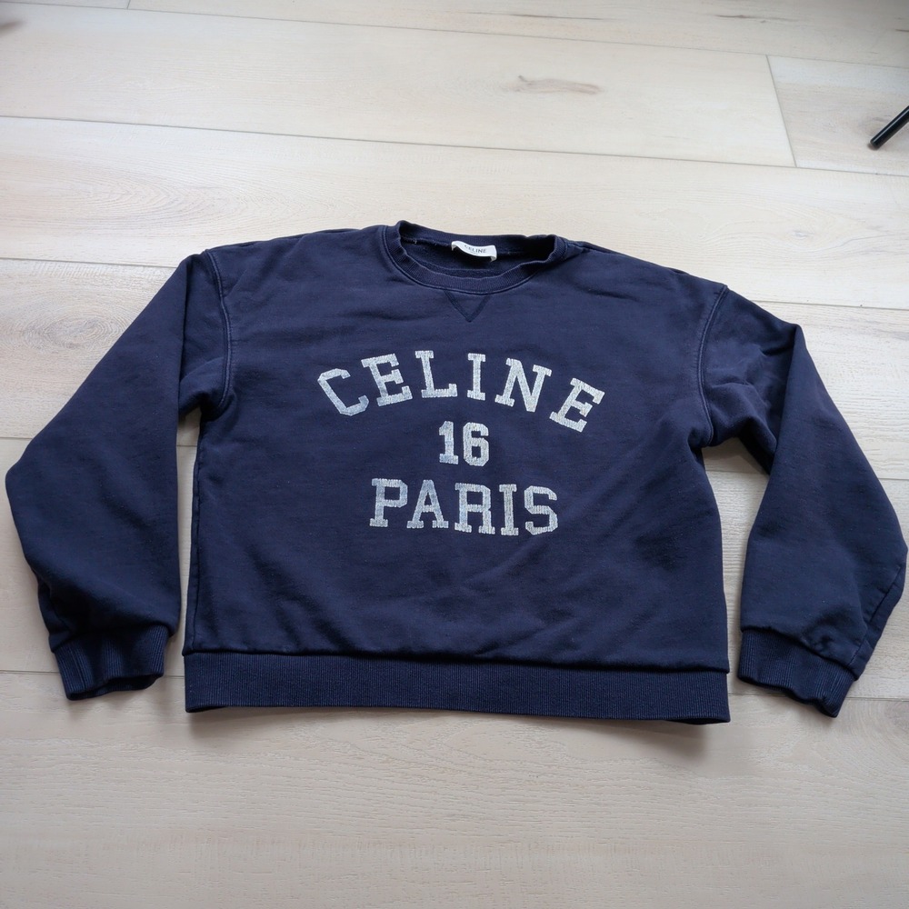 Celine Paris 16 Navy Blue Cotton Logo Sweatshirt Womens Large Made in Portugal